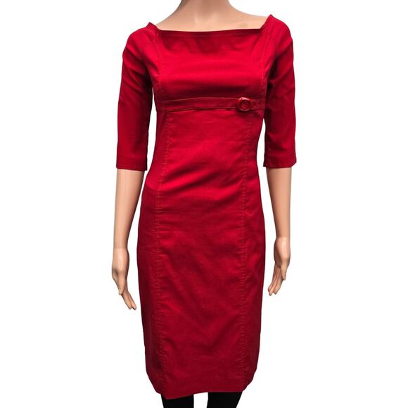 ZARA Red Dress Women M Empire Waist w Belt Buckle On Off Shoulder 3/4 Sleeve - Picture 3 of 13